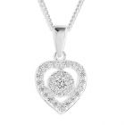 Sterling Silver Cubic Zirconia Ornami Heart Cluster Pendant On 18" Curb Chain