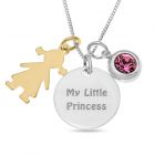 Sterling Silver 'My Little Princess' Disc With Gold Plated Girl And Pink Stone Charms On 18" Curb Chain