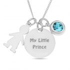 Sterling Silver 'My Little Prince' Disc With Boy And Blue Stone Charms On 18" Curb Chain