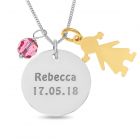 Sterling Silver Personalised Disc With YGP Girl and Pink Crystal Charms on 18" Curb Chain