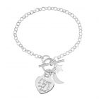 Sterling Silver Personalised Two Initials 'I Love You To The Moon And Back' Heart Padlock With Star And Moon Charms On Belcher Chain T-Bar Bracelet