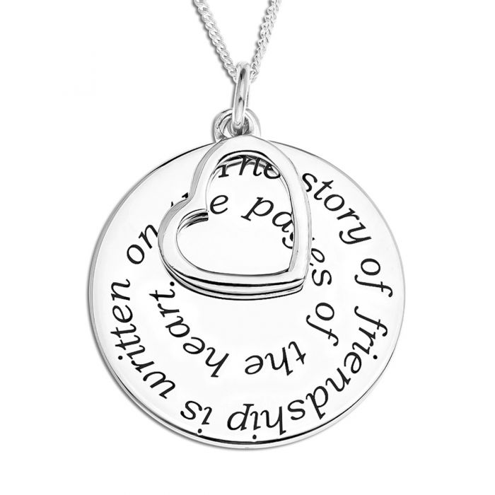 Sterling Silver "The Story of Friendship" Disc and Heart Pendant Necklace 18" 