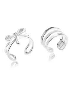 Silver Set Of 2 Bow And  Three Row Ear Cuffs