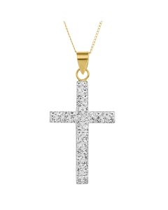 9ct Gold Crystal Set Cross On 18" Curb Chain