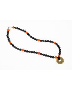 Genuine Semi Precious Onyx And Carnelian Bead Old Chinese Coin Symbol 17.5" Necklace