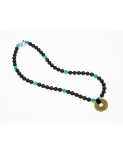 Genuine Semi Precious Onyx And Turquoise Bead Old Chinese Coin Symbol 17.5" Necklace