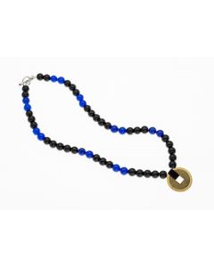 Genuine Semi Precious Onyx And Lapis Bead Old Chinese Coin Symbol 17.5" Necklace
