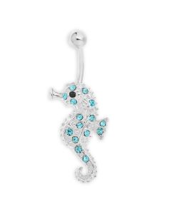 Silver Plated Stainless Steel And Brass Aqua Blue Crystal Set Seahorse Body Bar