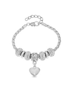 Base Metal White Leather Crystal Set Beads And Plain Heart Charm Bracelet