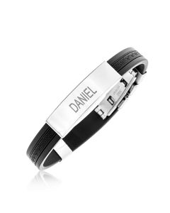 Stainless Steel Gent's Personalised One Name Black Rubber Clip 8.25" Bracelet