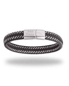 Stainless Steel Personalised Gent's Plaited Dark Brown Leather 9" Bracelet