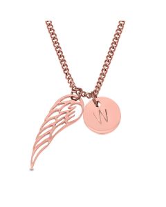 Stainless Steel Rose Gold Plated Angel Wing And Personalised One Initial Disc Necklace 
