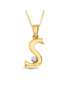 9CT Yellow Gold 'S' Initial Pendant Set With CZ On 18" Curb Chain