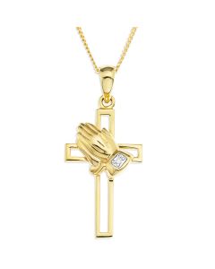 9ct Gold Praying Hands Diamond Set Open Cross Pendant On 18" Curb Chain