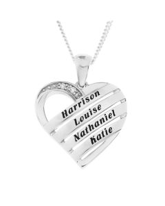Sterling Silver Personalised Four Names Dia Set Precious Sentiments Heart Pendant on 18" Curb Chain