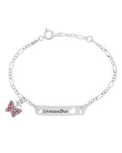 Sterling Silver Personalised Child's One Name Tag With Pink CZ Butterfly Charm Bracelet 