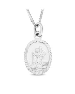 Sterling Silver Saint Christopher Oval Pendant On 18" Curb Chain