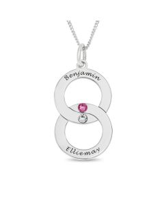 Sterling Silver Personalised Crystal Birthstone Set Two Linked Circle Pendant On 18" Curb Chain