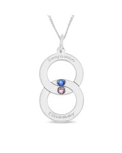 Sterling Silver Surface Engraved Crystal Birthstone Set Two Linked Circle Pendant On 18" Curb Chain