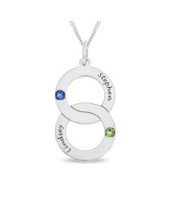 Sterling Silver Personalised Two Crystal Birthstones Set Two Linked Circle Pendant On 18" Curb Chain