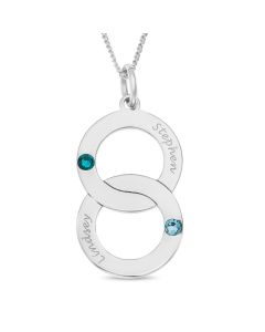 Sterling Silver Surface Engraved Two Crystal Birthstones Set Linked Circles Pendant On 18" Curb Chain