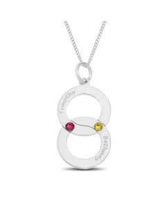 Sterling Silver Surface Engraved Two Crystal Birthstones Set Linked Rings Pendant On 18" Curb Chain