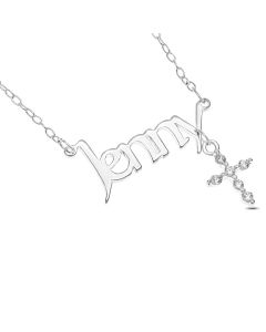 Sterling Silver Name Plate And CZ Cross Charm Necklace On 16" Trace Chain