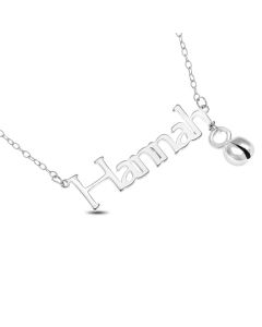 Sterling Silver Personalised Name Plate With Sleigh Bell Necklace On 16" Trace Chain