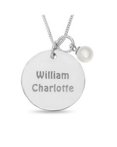 Sterling Silver Personalised Two Names Disc Pendant With Pearl Charm On 18" Curb Chain