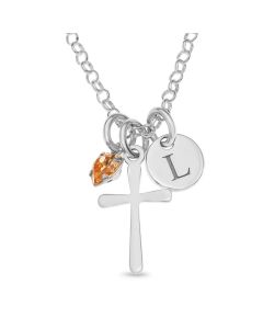 Sterling Silver Personalised One Initial Disc, Cross And B-Stone CZ Charm Pendants On 18" Curb Chain