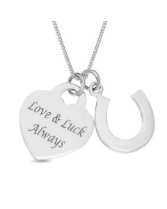 Sterling Silver 'Love And Luck Always' Heart Padlock And Plain Horseshoe Charm On 18" Curb Chain