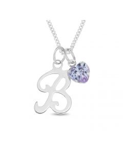 Sterling Silver One Initial And CZ Birthstone Heart Charm Pendant On 18" Curb Chain