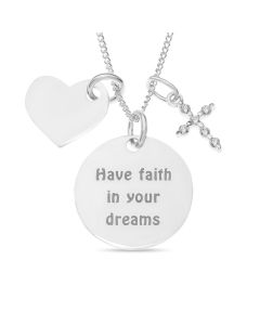 Sterling Silver 'Have Faith In Your Dreams' Disc With Heart And CZ Set Cross Charms Pendant On 18" Curb Chain