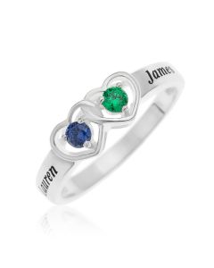 Sterling Silver Family Keepsake 2 Name And Birthstone Double Heart Ring