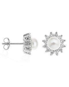 Rhodium Plated Silver Round Fresh Water Pearl And Cubic Zirconia Set Stud Earrings