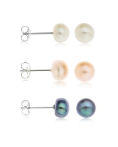 Sterling Silver Set Of Three Fresh Water Coloured Pearl Stud Earrings