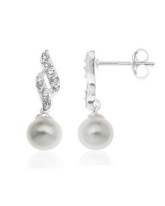 Sterling Silver Fresh Water Pearl And CZ Set Wave Stud Earrings