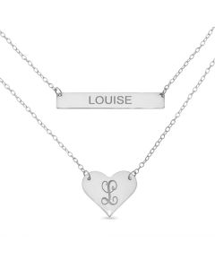 Sterling Silver Personalised Heart And Bar Necklace On 16" And 18"  Trace Chain