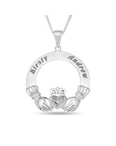 Sterling Silver Personalised Two Names Diamond Set Claddagh Pendant On 18" Curb Chain