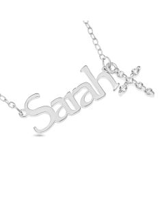 Sterling Silver Personalised Name Plate With CZ stone Set Cross Charm On 16" Trace Chain