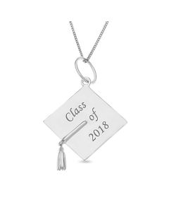 Sterling Silver Personalised Graduation Mortar Board Pendant On 18" Curb Chain