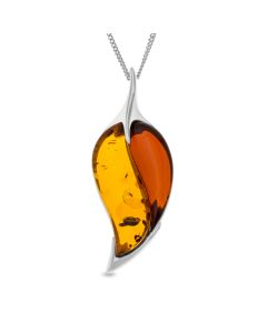 Sterling Silver Amber Stone Leaf Pendant On 18" Curb Chain