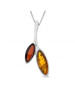 Sterling Silver Amber Stone Leaves Brunch Slide Pendant On 18" Curb Chain