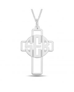 Sterling Silver Three Initial Monogram Cross Pendant On 18" Curb Chain