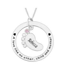 Sterling Silver 'Mother And Child' Personalised Circle And CZ Set Baby Foot Pendant On 18" Curb Chain