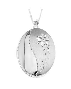 Sterling Silver Dia Cut Flower Oval Locket On 18" Curb Chain