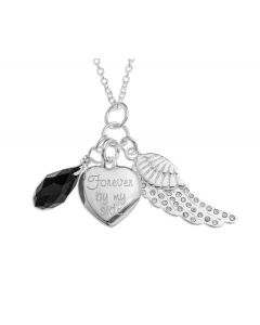 Silver Heart, Angel Wing And Black Glass Drop Pendant On 18" Trace Chain