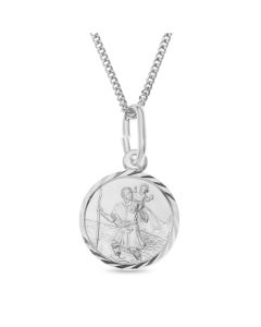 Sterling Silver Small Saint Christopher Round Disc Pendant On 18" Curb Chain