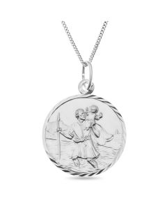 Sterling Silver St. Christopher D/C Round 18 mm Pendant On 18" Curb Chain