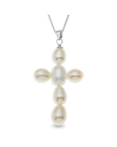 Sterling Silver Pearl Cross Pendant On 18" Curb Chain